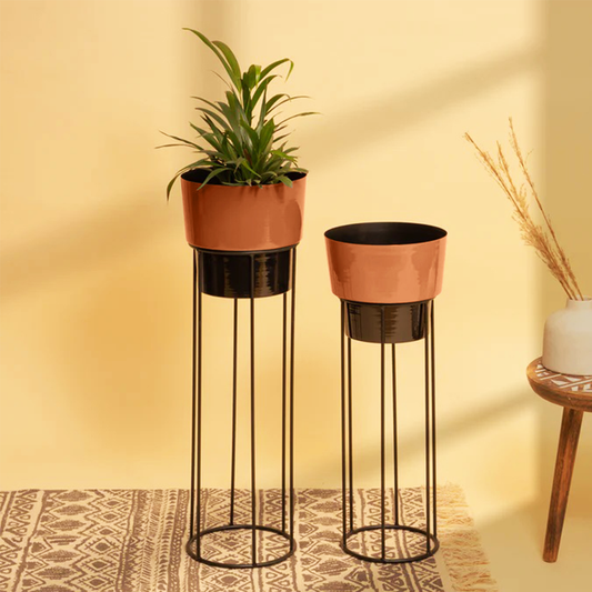 Black-Copper Planters with Stand (Set of 2)