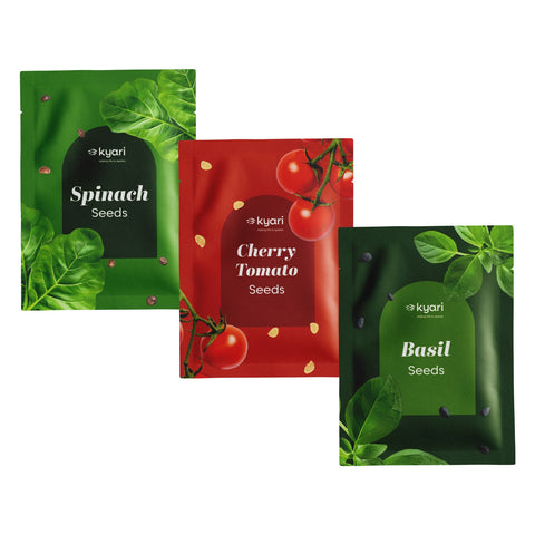 Kyari Kitchen Garden Seeds Trio – Spinach, Cherry Tomato & Basil