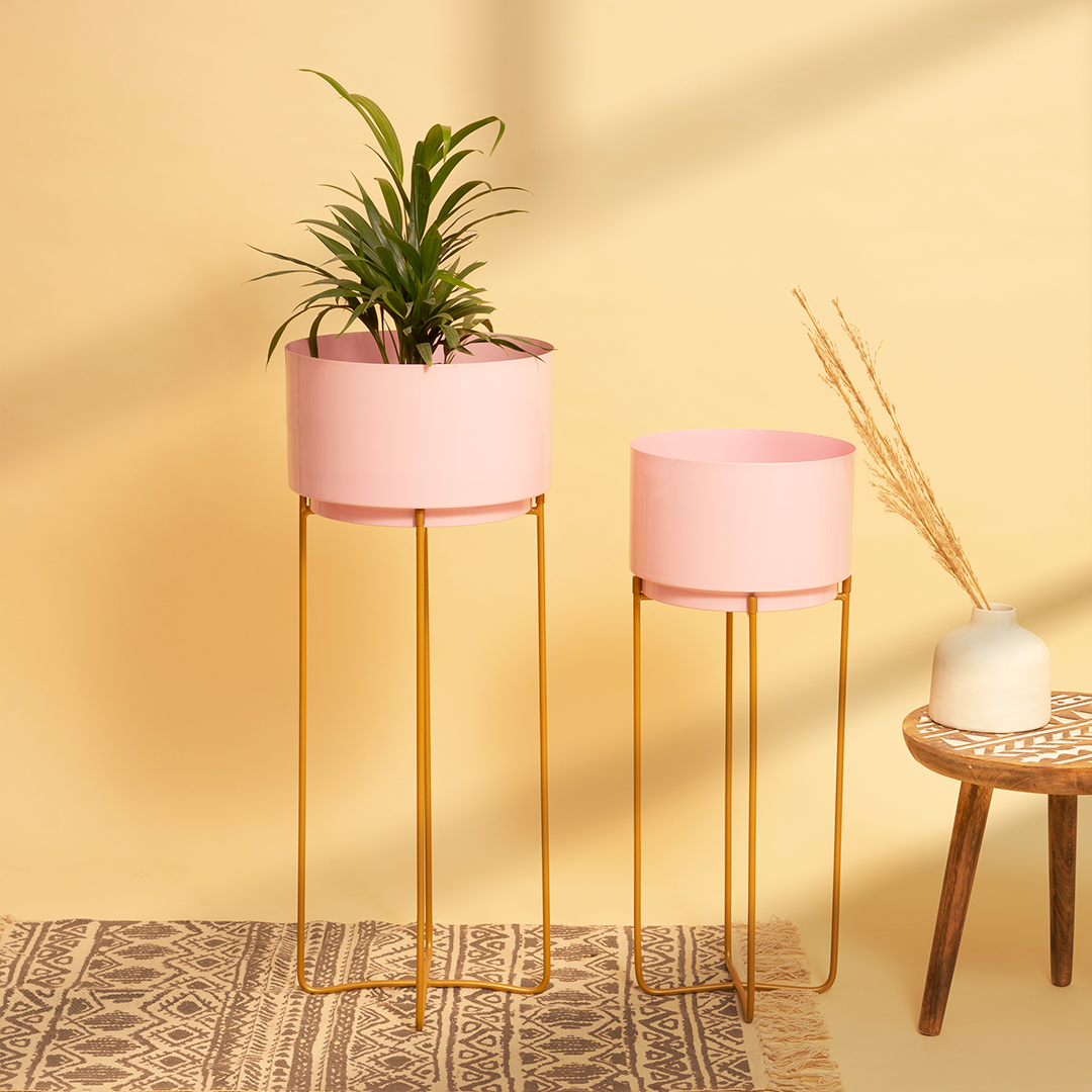 Baby Pink Cylinder Planters with Stand (Set of 2)