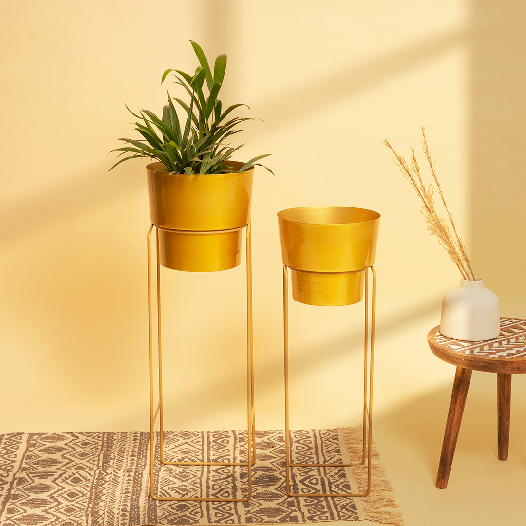 Metallic Gold Planters with Stand (Set of 2)