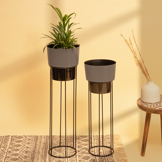Black-Grey Planters with Stand (Set of 2)