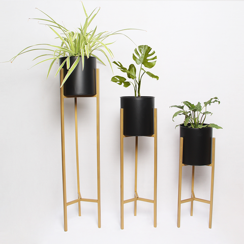 3 Large Metal Black Plant shops Pots with Gold Stands