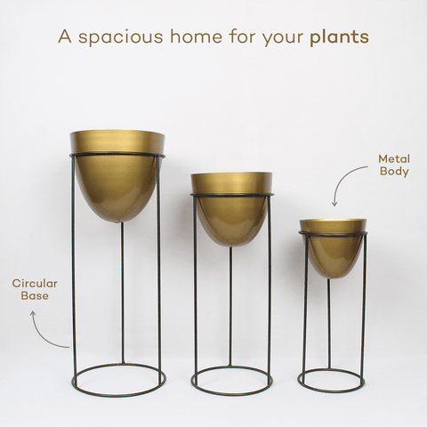 Semi Oval Amber Gold Planter with Stand (Set of 3)