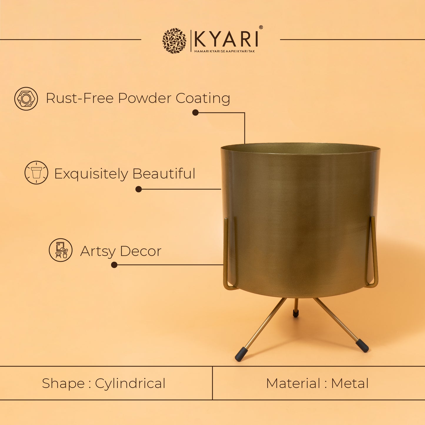 Gold Finish Cylindrical Iron Pot With Stand