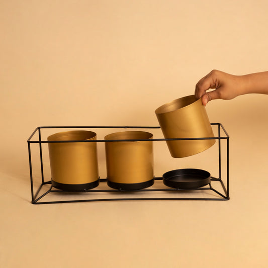 3-in-1 Golden Cylindrical Pots with Single Stand
