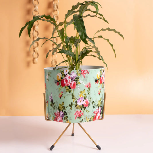Aesthetic Floral Print Metal Pot With Stand
